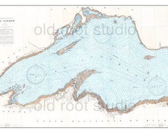 Hand Painted Map of Lake Superior, 1944 / Superior / Duluth / North Shore / South Shore / Minnesota Wisconsin Ontario Michigan Nautical Map