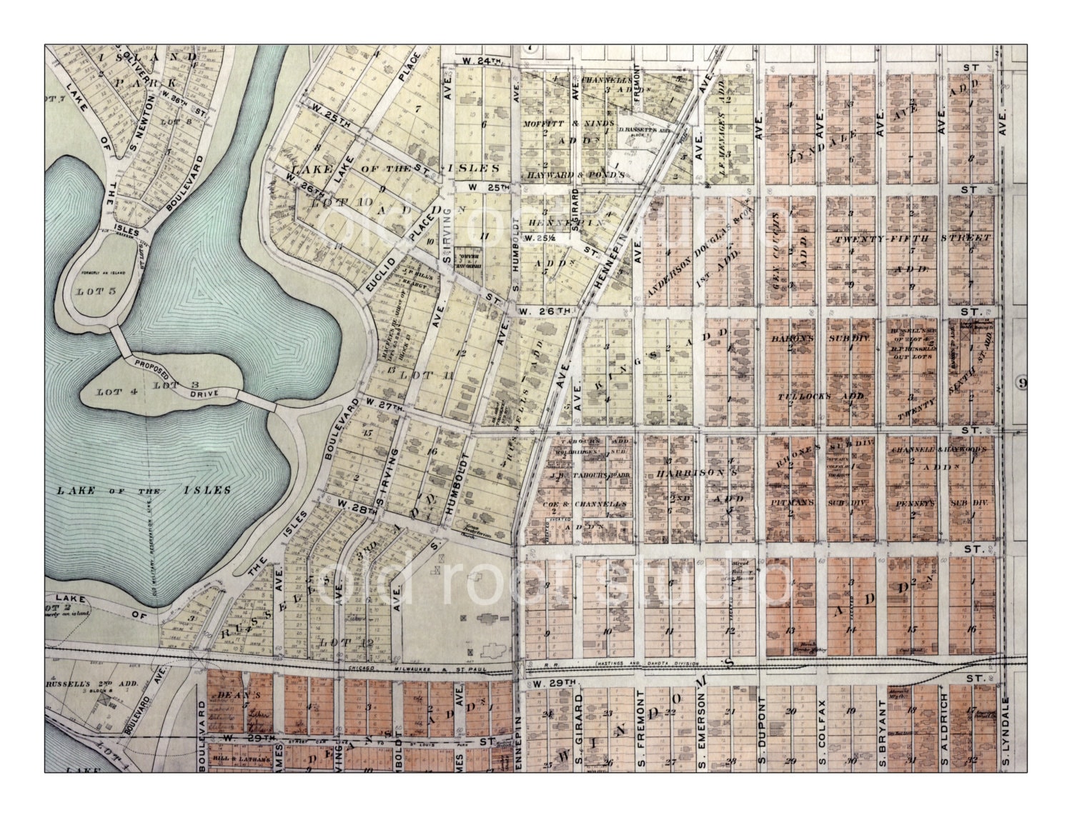 Hand Painted Map of Minneapolis, 1903 including Lake of the Isles, the
