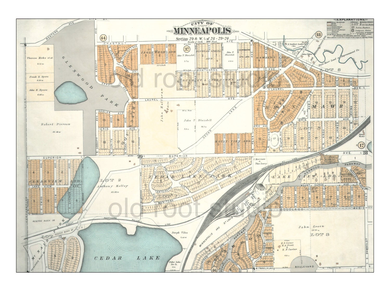 Hand Painted Map of Minneapolis, 1892, including Cedar Lake, Brownie