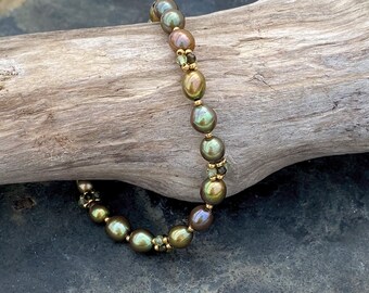 Bracelet and/or Earrings with Freshwater Pearls, Peridot and Cat's Eye, Gold Plated Miyuki Beads, Gold Filled Clasp and/or French Wires