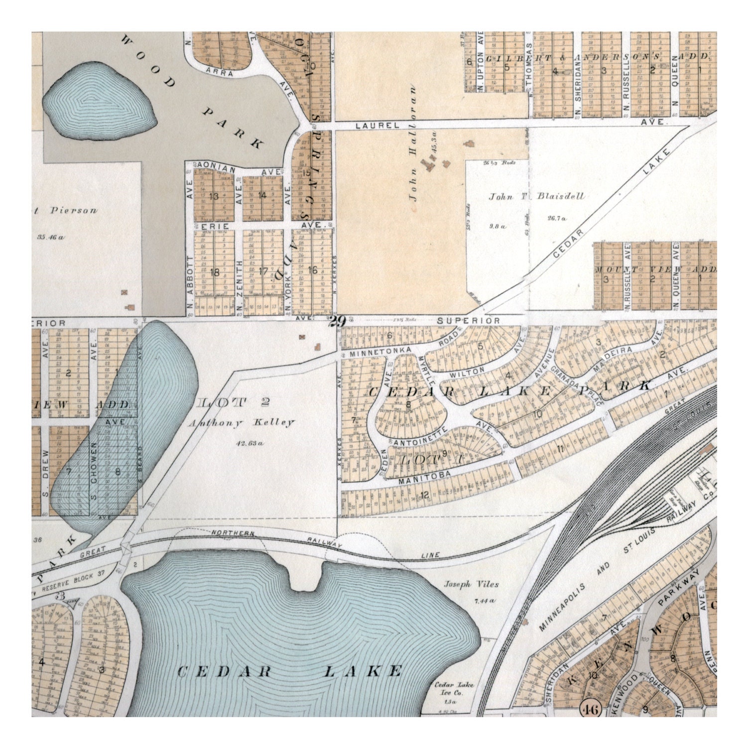 Hand Painted Map of Minneapolis, 1892 / Cedar Lake / Bryn Mawr / Brownie Lake / Birch Pond
