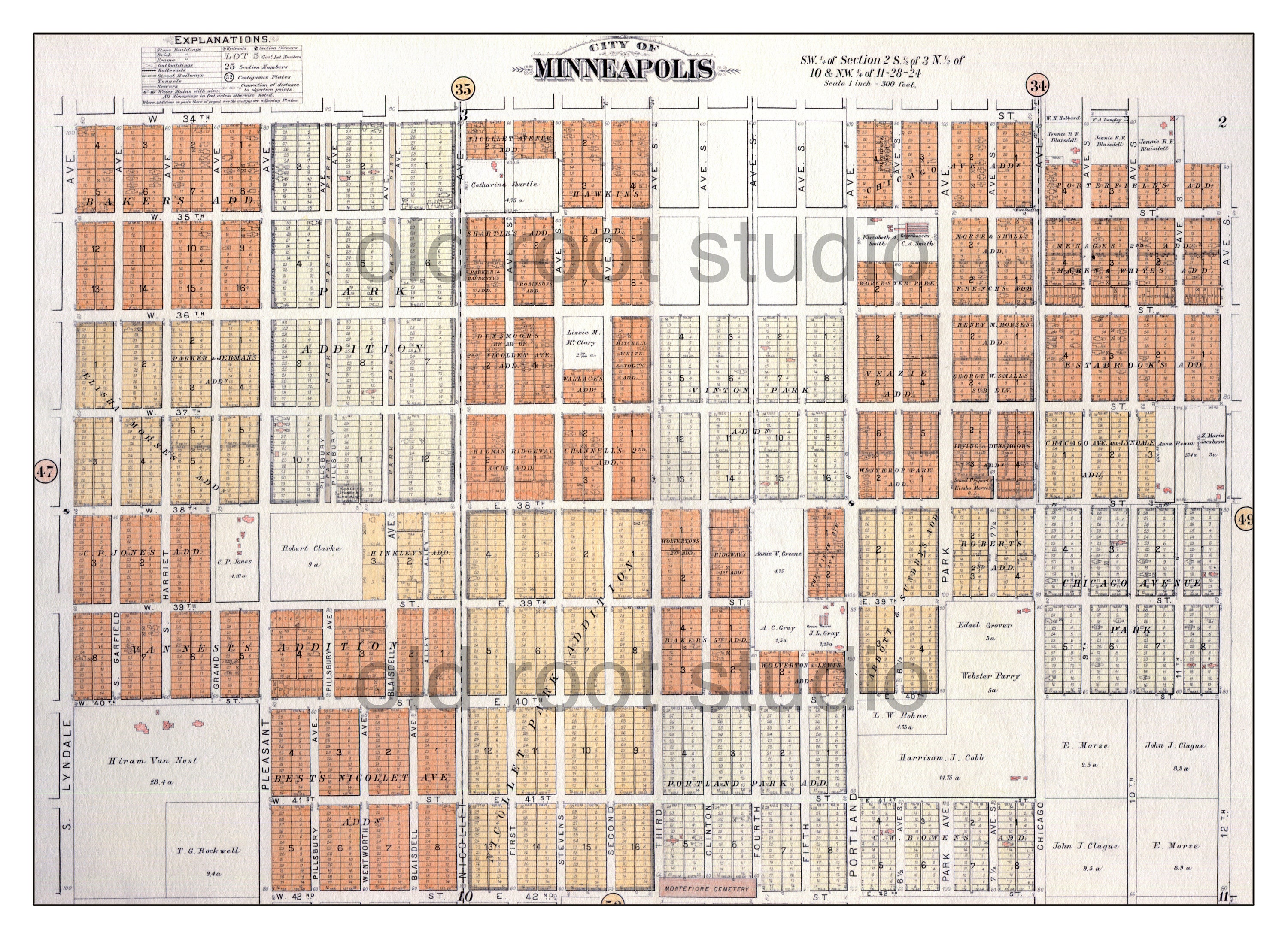 Hand Painted Map of Minneapolis, 1892 including the Kingfield, Bryant