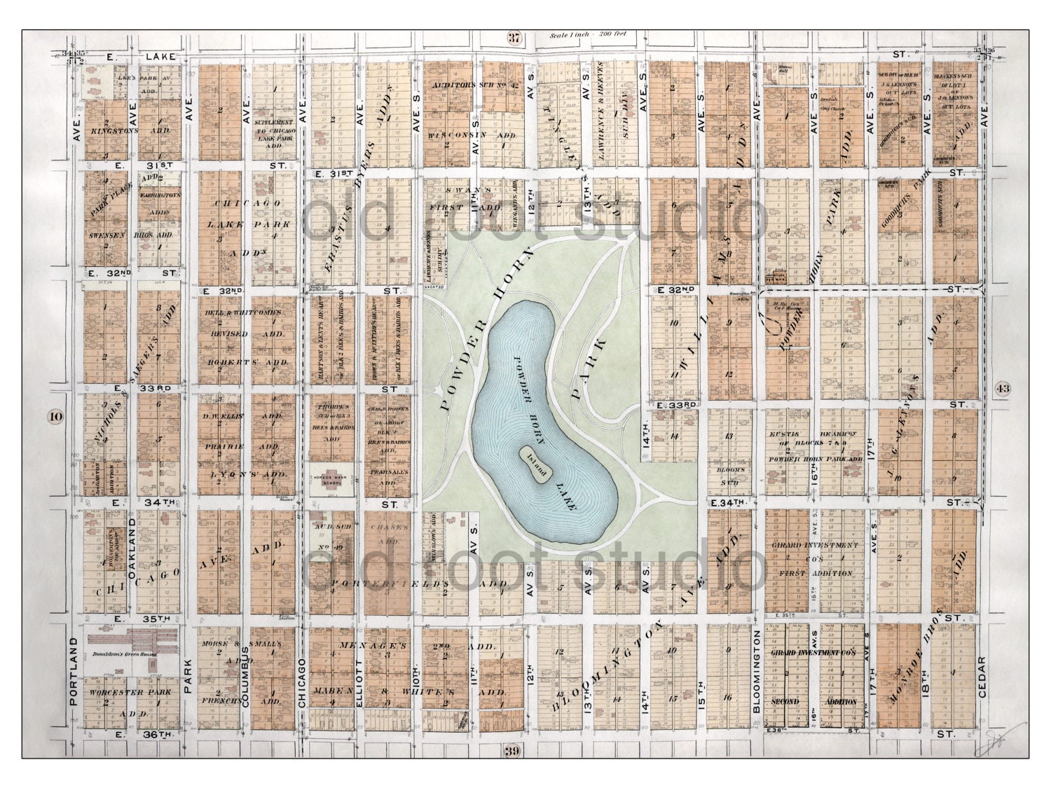 Hand Painted Map of Minneapolis 1903 / Powderhorn Park & Lake Etsy