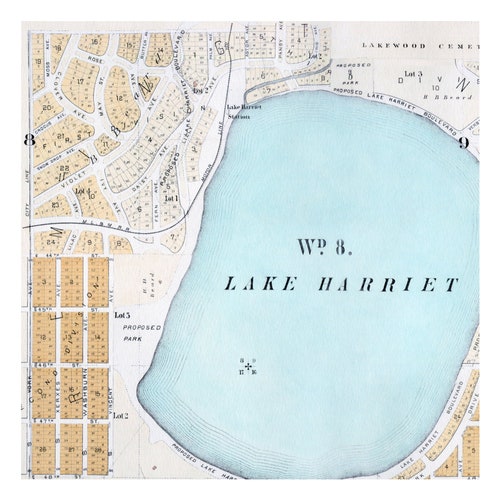 Hand Painted Map of Minneapolis, 1885 / Lake Harriet / Linden Hills