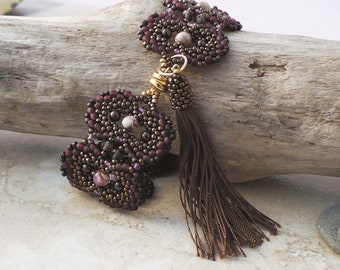 Bracelet with Amethyst and Smokey Quartz Gemstones are woven with Miyuki Beads and German Pearls, 14kt Gold plated Clasp, Silk Tassel