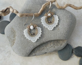 Earrings with Brioche Agates and Antique German Pearls are hand woven with Japanese Miyuki Beads in a vintage style, Antiqued gold ear wire