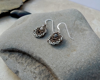 Earrings with Gray Agate Gemstones are woven with Czech Crystals and Japanese Miyuki Beads in a vintage style, Sterling Silver Ear Wires