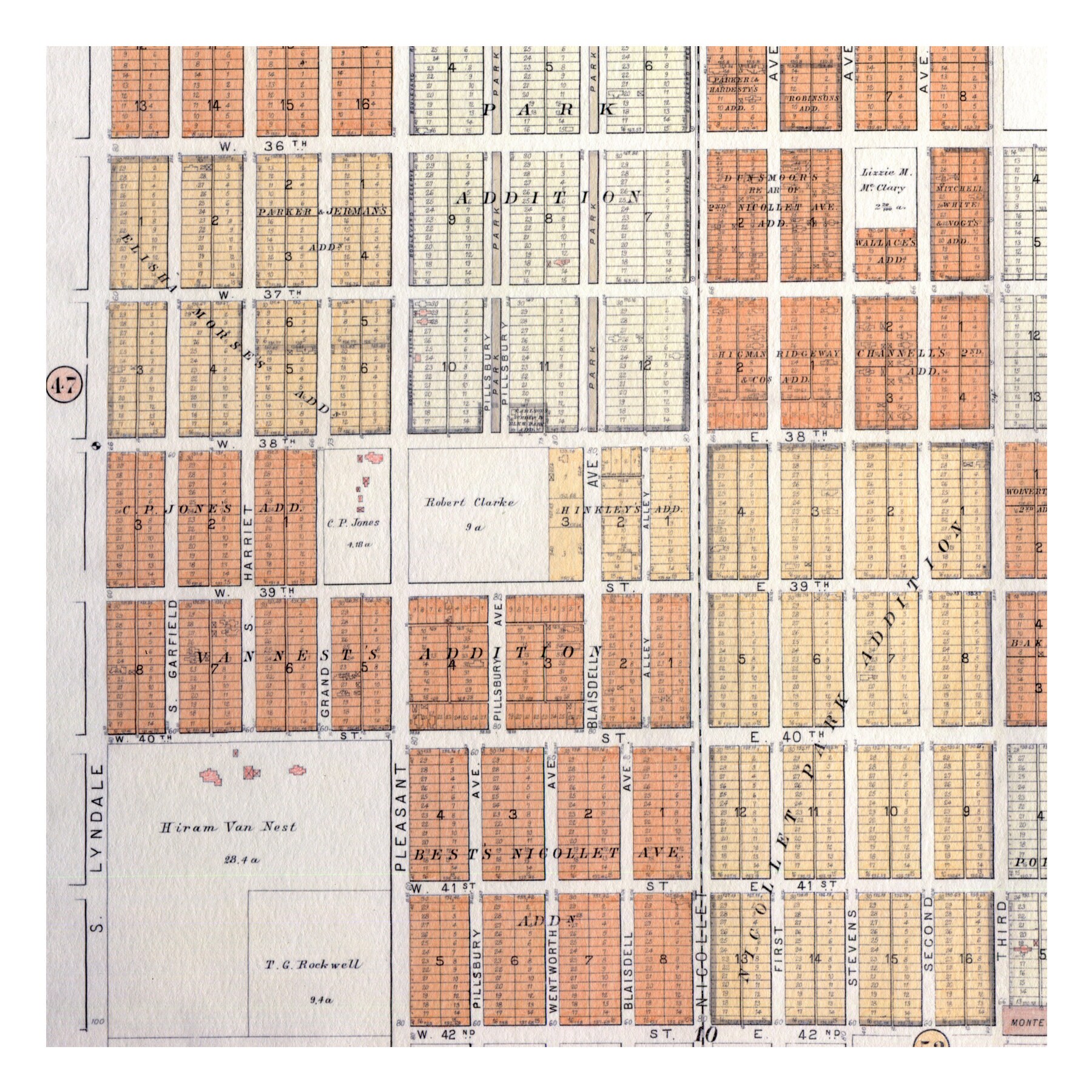Hand Painted Map of Minneapolis, 1892 including the Kingfield, Bryant