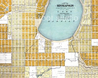 Hand Painted Map of Minneapolis, Lake Harriet, 1892 / Lynnhurst / Fulton / Linden Hills / Vintage Minneapolis Map / Minneapolis Lakes