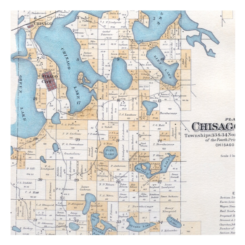 Hand Painted Map of Chisago Lakes Minnesota, 1888 / Vintage Chisago Map