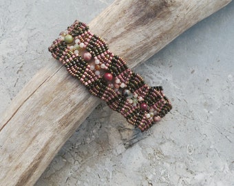Hand Woven Bracelet with Butterfly Jasper, Tourmaline, Peach Moonstone, Cat's Eye and Miyuki Beads / Magnetic Clasp / Vintage Style