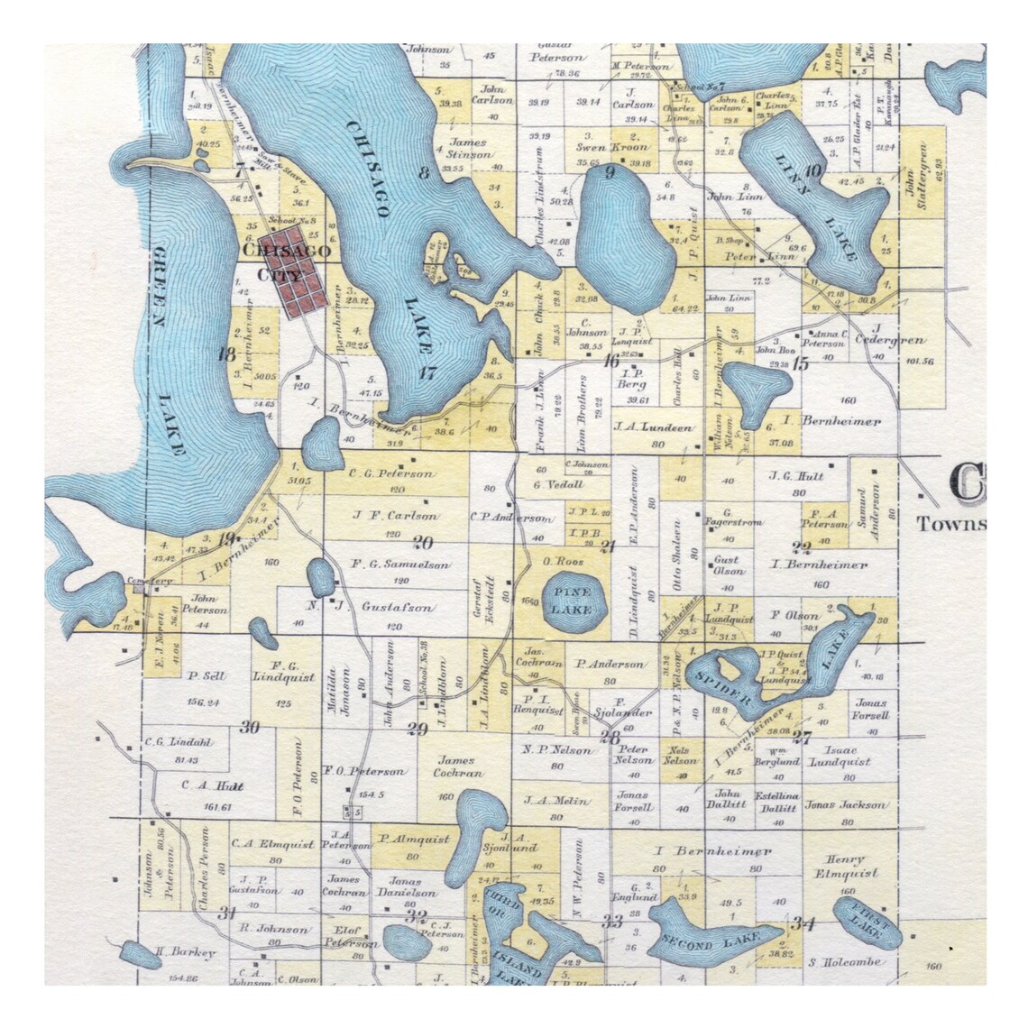 Hand Painted Map of Chisago Lakes Minnesota, 1888 / Vintage Chisago Map