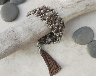 Bracelet with Gray Agate Gemstones are woven with Miyuki Beads and Czech Crystals and German Pearls, Sterling Silver Clasp, Silk Tassel
