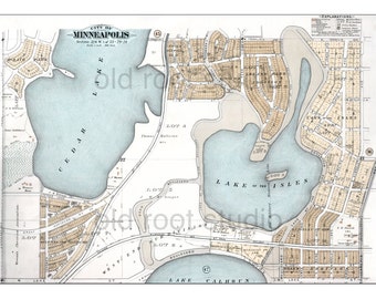 Hand Painted Map of Minneapolis, 1892 / Lake Calhoun / Cedar Lake / Lake of the Isles / Kenwood / Uptown / East Isles / Vintage Map Art