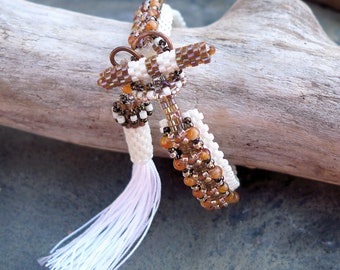 Hand Woven Bracelet with Carnelian and Hessonite Garnet Gemstones and Japanese Miyuki Beads / Vintage Styling with Silk Tassel / Art Deco