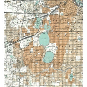 Handgeschilderde kaart van South Minneapolis, 1952 / vintage kaart van Minneapolis / kaartkunst van Minneapolis / Minneapolis Lakes / Calhoun / Harriet / Isles