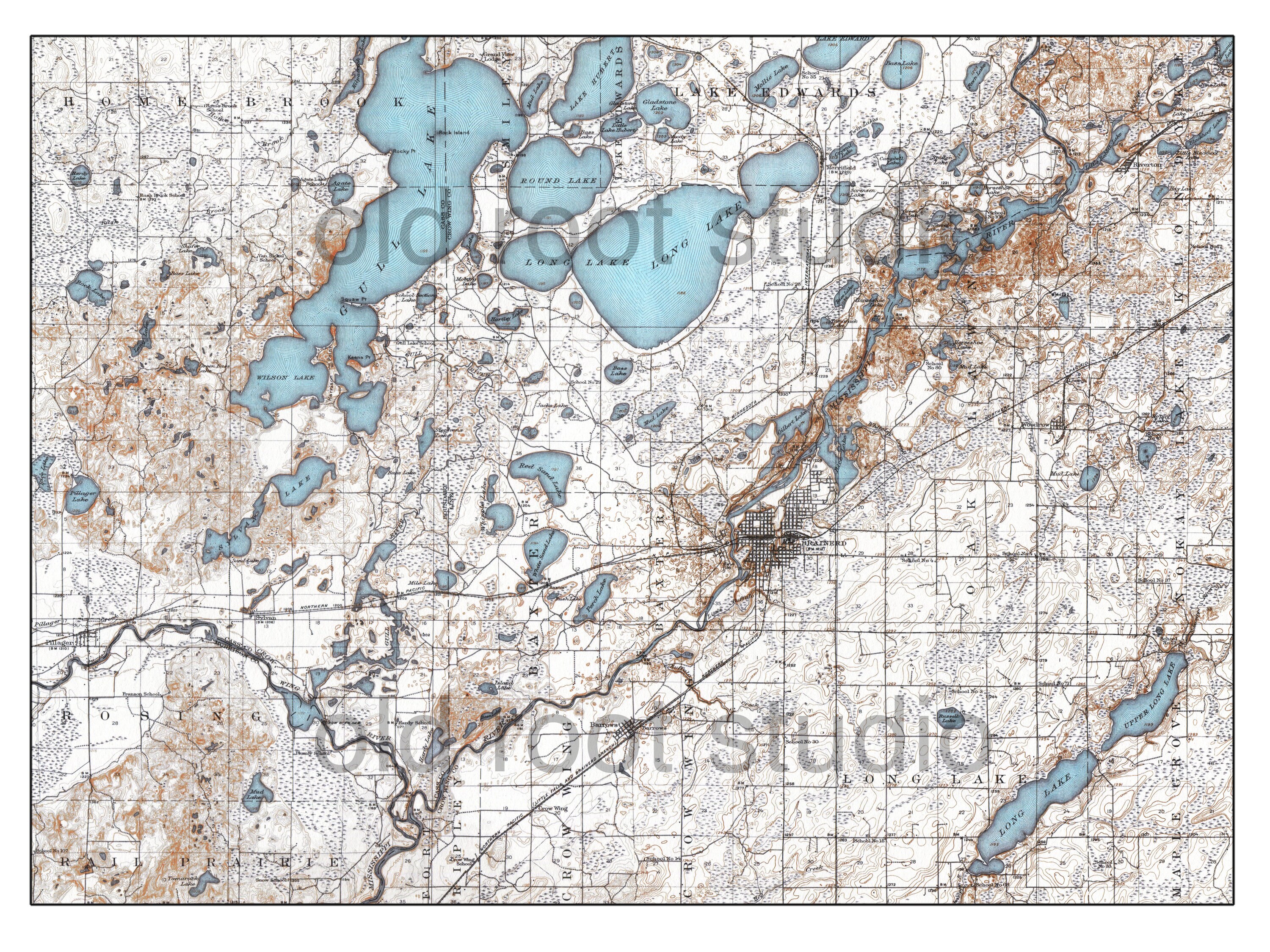 Hand Painted Map of Gull Lake Long Lake Brainerd 1918 / Etsy