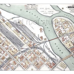 Handgeschilderde kaart van Minneapolis, 1892 / Downtown / Warehouse District / Mississippi River / Nicollet Island / Vintage kaart van Minneapolis