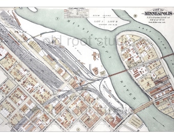 Hand Painted Map of Downtown Minneapolis, 1892 including Nicollet Island, the Mississippi River and the Warehouse District. Red and Wheat