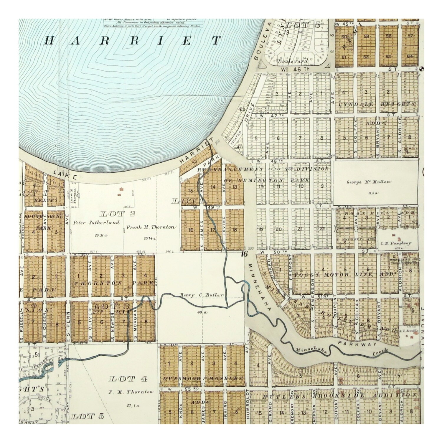 Hand Painted Map of Minneapolis including Lake Harriet, Minnehaha Creek