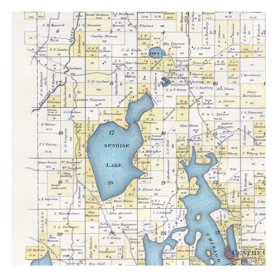 Hand Painted Map of Chisago Lakes Minnesota, 1888 / Vintage Chisago Map