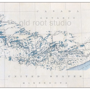 Handgeschilderde kaart van de BWCA van Noord-Minnesota en Ontario, Canada: van Namakan Lake tot Lake Superior