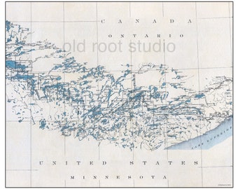Hand Painted Map of the BWCA of Northern Minnesota and Ontario, Canada: from Namakan Lake to Lake Superior
