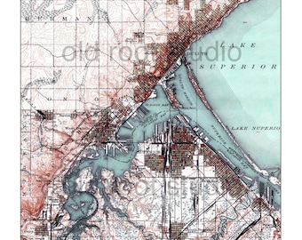 Hand Painted Map of Duluth, Minnesota and Superior, Wisconsin, 1895 / Vintage Duluth / Old Duluth Map / Superior Map / Lake Superior