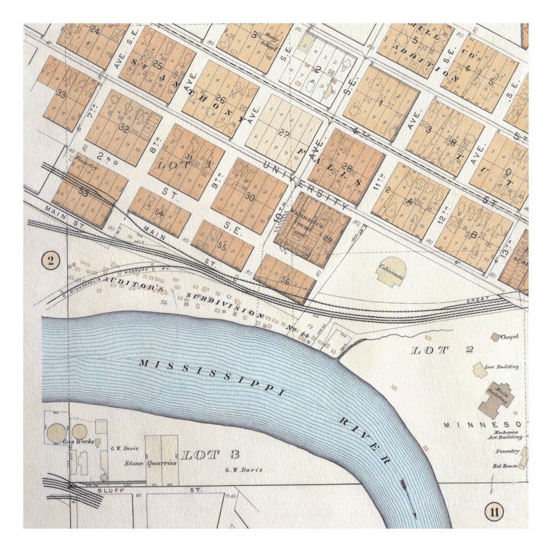 Hand Painted Map of Minneapolis, 1892