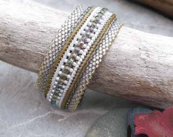 Hand Woven Bracelet with Sparkling Swarovski Crystals and Pearl White Japanese Miyuki Beads / Vintage Style / Antique Style / Art Deco