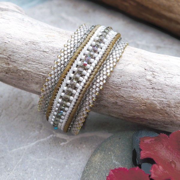 Hand Woven Bracelet with Sparkling Swarovski Crystals and Pearl White Japanese Miyuki Beads / Vintage Style / Antique Style / Art Deco