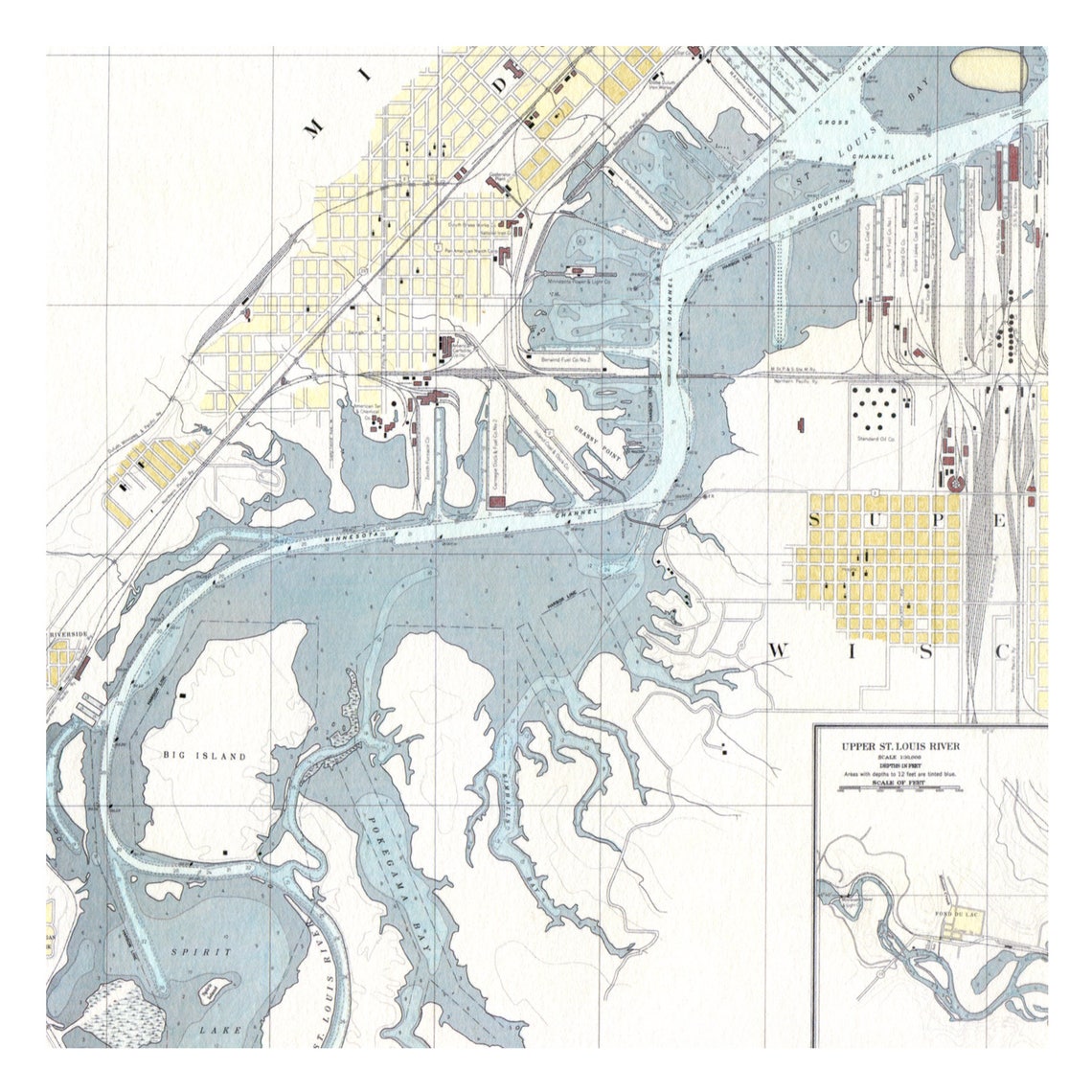 Hand Painted Map of the Duluth Superior Harbor, Minnesota, Wisconsin