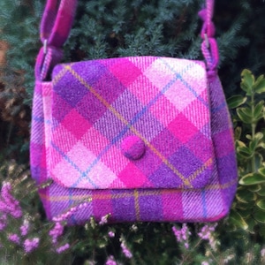 Harris Tweed® Handbag: Pink Purple Check Asymmetric Bag with Adjustable Crossbody Strap, Scottish
