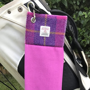 Pink Purple Harris Tweed® Golf Towel | Harris Tweed® Velour Towel | Clip Velour Sports Towel | Scottish Tri-Folded Sports Towel