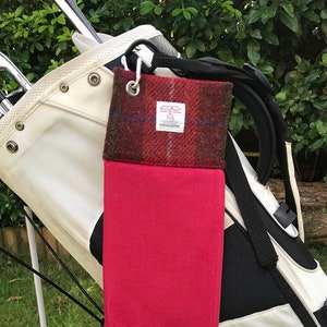 Red and Brown Harris Tweed® Golf Towel | Harris Tweed® Velour Towel | Clip Velour Sports Towel | Scottish Tri-Folded Sports Towel
