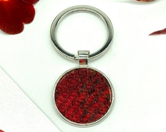 Harris Tweed® Llavero Circular en Rojo y Marrón Cheque / Scottish Tweed Key Fob / Scottish Gift Key-Ring en Plaid / Tartan Gifts