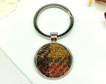 Harris Tweed® Circular Key Ring in Olive Green, Red and Gold Check | Scottish Tweed Key Fob | Scottish Gift Key-Ring in Plaid | Tartan Gifts