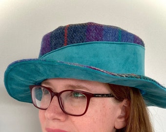 Harris Tweed® in Purple Green and Teal Velvet Hat Asymmetric Swathe | Scottish Tweed Top Hat style | Tweed and Velvet Ladies Brim Hat