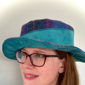 Harris Tweed® in Purple Green and Teal Velvet Hat Asymmetric Swathe | Scottish Tweed Top Hat style | Tweed and Velvet Ladies Brim Hat