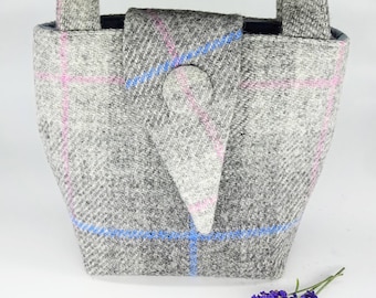 Grey check Scottish Harris Tweed® Mini Tote Bag with asymmetric flap | Little Scottish Tote Bag | Clutch Wrist Tweed Tote Bag | Gift for Her