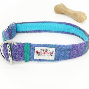 Harris Tweed® Half Check Dog Collar: Adjustable, Purple Green Blue Plaid