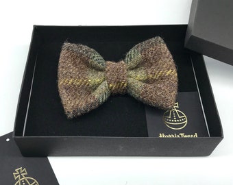 Harris Tweed® Bow Ties for Men in Brown Green and Grey Check | Junior Tartan Clip on Bow Tie | Safety Plaid Gift Boxed Gents Dickie Bow