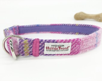 Harris Tweed® * Half Check Adjustable Dog Collar in Pink Purple Check | Scottish Tweed Plaid Choke Dog Collar | Tweed Tartan Dog Collar