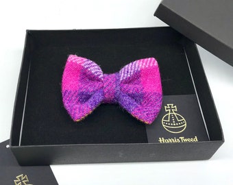 Harris Tweed® Bow Ties for Men in Pink and Purple Check | Junior Tartan Clip on Bow Tie | Safety Plaid Gift Boxed Gents Dickie Bow