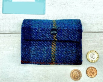 Harris Tweed® Coin Purse: Navy Blue Plaid, Scottish Accordion Wallet