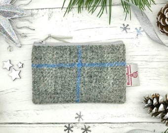 Harris Tweed® Coin Purse: Grey Check Scottish Wool Zipper Pouch