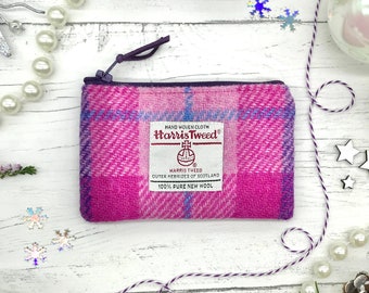 Harris Tweed® zipped coin purse in pink and purple check | Scottish tweed zipper purse | Scottish gift