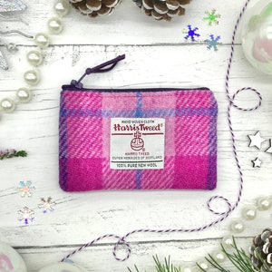 Harris Tweed® portemonnee met ritssluiting in roze en paarse ruit | Schotse tweed portemonnee met rits | Schots geschenk