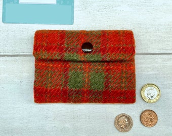 Harris Tweed® Coin Purse: Orange Green Plaid, 3 Compartment Accordion Scottish Wallet