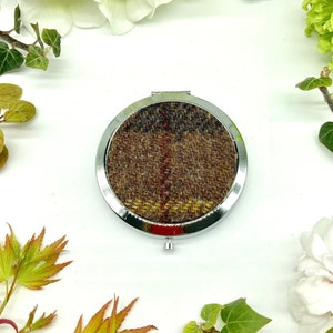 Harris Tweed® Compact Mirror in Brown Green and Grey Check | Scottish Tweed Handbag Make-up Mirror | Portable Pocket Folding Mirror Gift